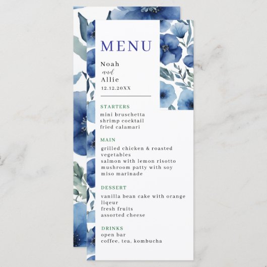Serenity in Blue Waterverf Flowers Wedding Menu (Voorkant / Achterkant)