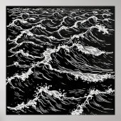 Serenity in Monochrome: Ocean Waves Linocut Poster (Voorkant)