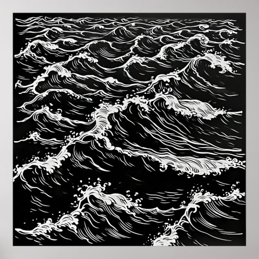 Serenity in Monochrome: Ocean Waves Linocut Poster (Voorkant)