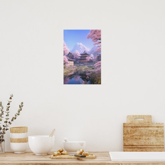 Serenity in Pink, Cherry Blossom River Poster (Keuken)