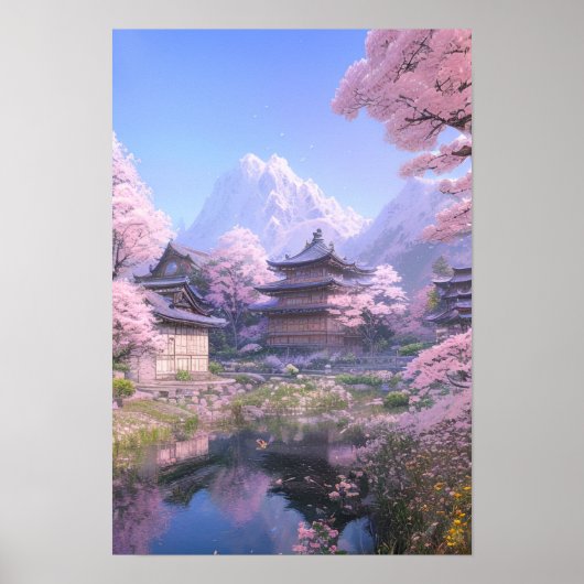 Serenity in Pink, Cherry Blossom River Poster (Voorkant)