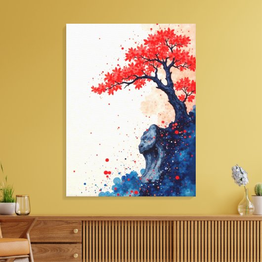 Serenity in Red: Bonsai op de klif Canvas Afdruk (Insitu (Woonkamer))