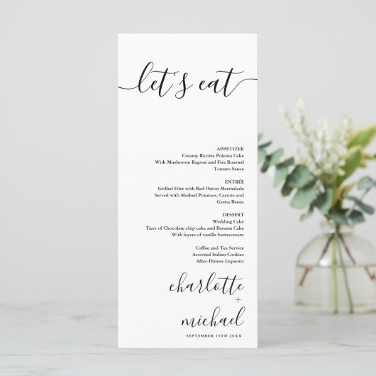 SERENITY Modern Minimalist Let's Eat Wedding Menu (Staand voorkant)