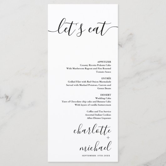 SERENITY Modern Minimalist Let's Eat Wedding Menu (Voorkant)