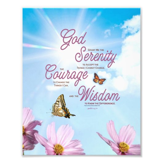 Serenity Prayer: Butterflies, Pink Flowers, Streng Foto Afdruk (Voorkant)