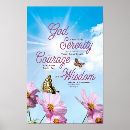 Serenity Prayer: Butterflies, Pink Flowers, Streng Poster (Voorkant)
