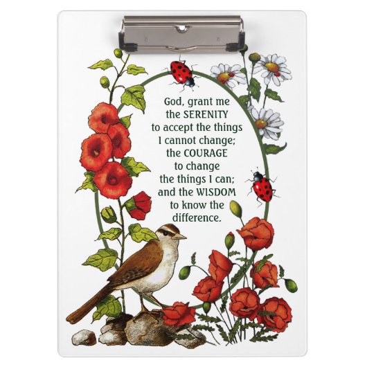 Serenity Prayer Flowers, Bird, Natuur Art, Ladybug Klembord (Voorkant)