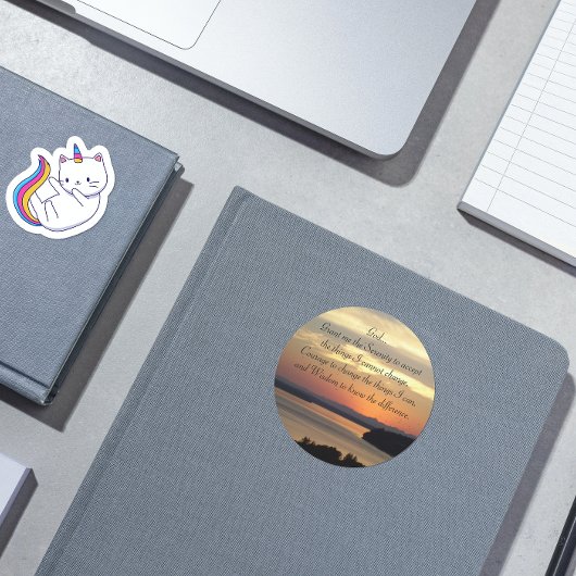 Serenity Prayer Oranje Seascape Sunset Ronde Sticker