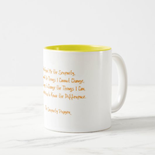 Serenity Prayer Oranje Yellow Courage to Change Tweekleurige Koffiemok (Voorkant rechts)