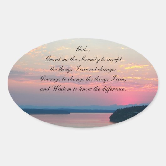 Serenity Prayer Pink Seacape Sunset Ovale Sticker (Voorkant)