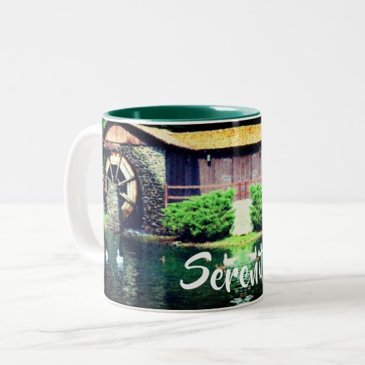 Serenity Water Wheel Inspirerend Words Tweekleurige Koffiemok (Voorkant links)