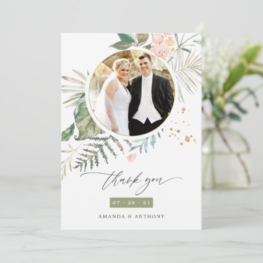 Serenity Waterverf Greenery Geometric Wedding Bedankkaart (Staand voorkant)