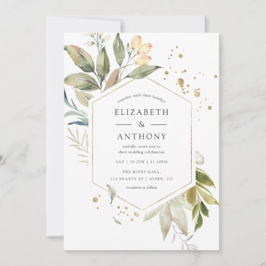 Serenity Waterverf Greenery Geometric Wedding Kaart (Voorkant)