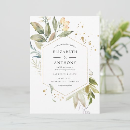 Serenity Waterverf Greenery Geometric Wedding Kaart (Staand voorkant)