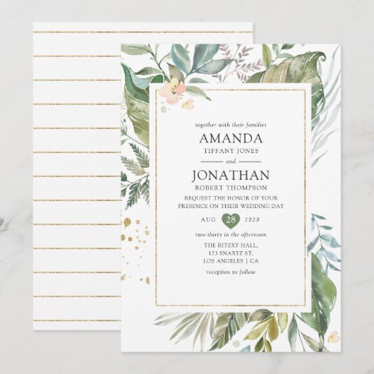 Serenity Waterverf Greenery Geometric Wedding Kaart (Voorkant / Achterkant)