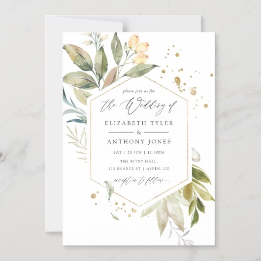 Serenity Waterverf Greenery Geometric Wedding Magnetische Uitnodiging (Voorkant)