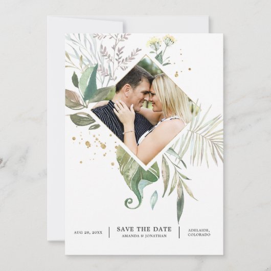 Serenity Waterverf Greenery Geometric Wedding Save The Date (Voorkant)