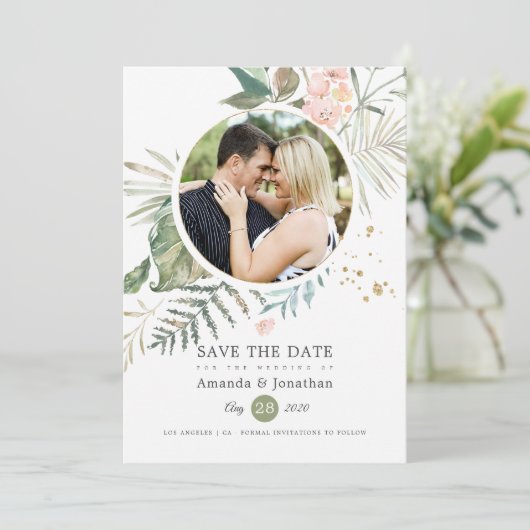 Serenity Waterverf Greenery Geometric Wedding Save The Date (Staand voorkant)