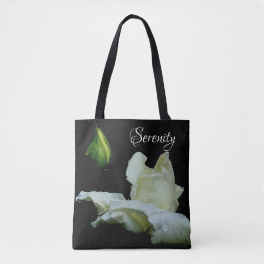Serenity White Rosebud Inspirerend Words Tote Bag (Voorkant)