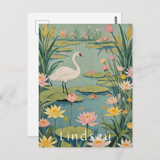 Serenity's Grace: Lily Pond Swan Briefkaart (Voorkant / Achterkant)
