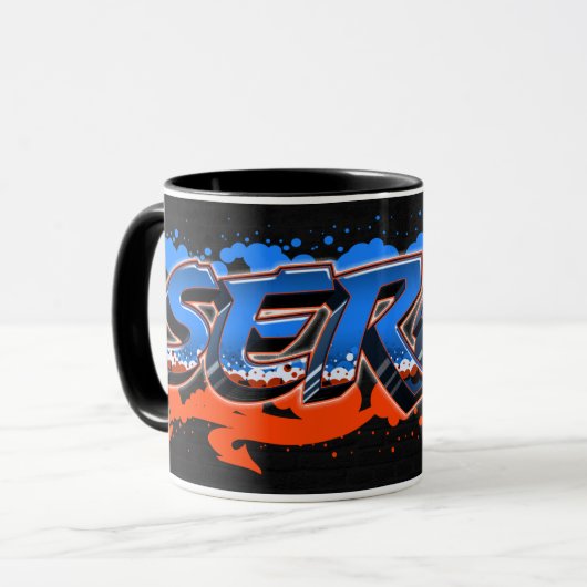 Serge Vorname Name Graffiti blue orange Tasse Mok (Voorkant links)