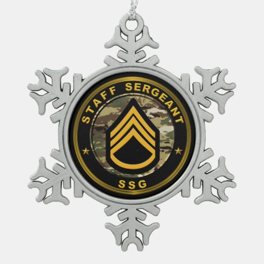 Sergeant der Eerste Klasse E-6 Tin Sneeuwvlok Ornament (Voorkant)