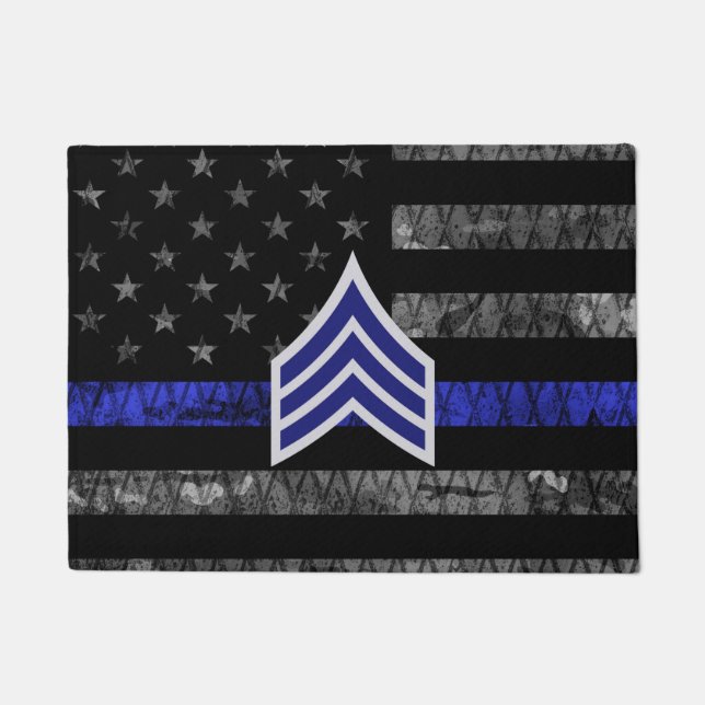 Sergeant Stripes Thin Blue Line Disted Flag Deurmat (Voorkant)