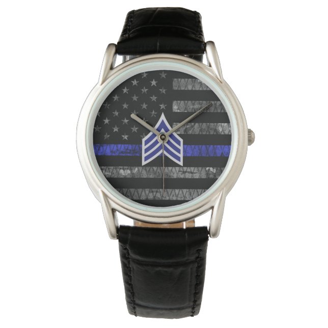 Sergeant Stripes Thin Blue Line Disted Flag Horloge (Voorkant)