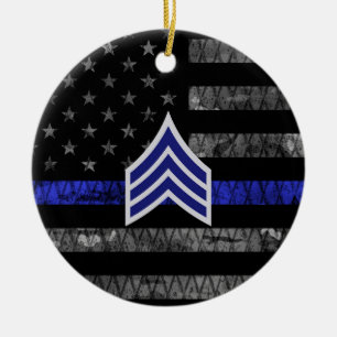 Sergeant Stripes Thin Blue Line Disted Flag Keramisch Ornament