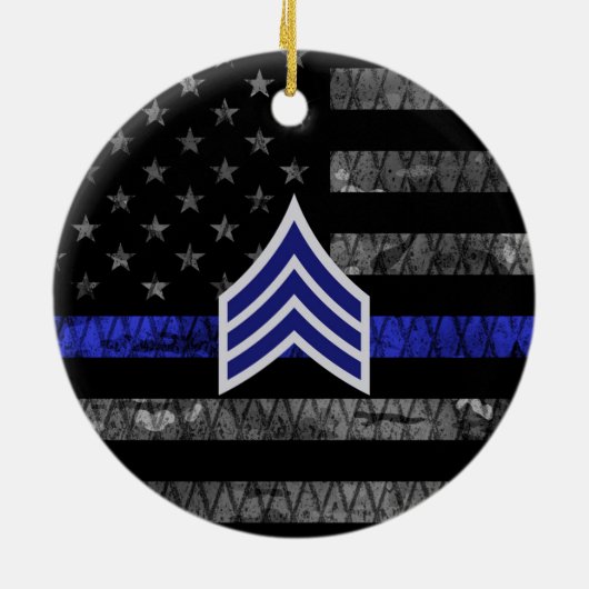 Sergeant Stripes Thin Blue Line Disted Flag Keramisch Ornament (Achterkant)