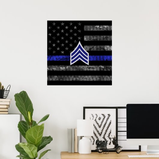 Sergeant Stripes Thin Blue Line Disted Flag Poster (Thuiskantoor)