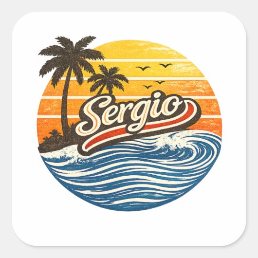 Sergio Retro Zonsondergang Naamontwerp Vierkante Sticker (Voorkant)