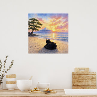 series_1_10|Square Resting Black Cat Mt Fuji Art Poster