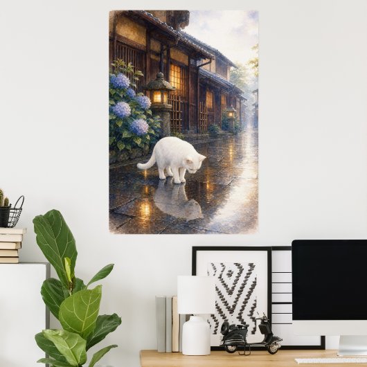 series_2_9|Kyoto Puddle Reflection White Cat Art Poster (Thuiskantoor)