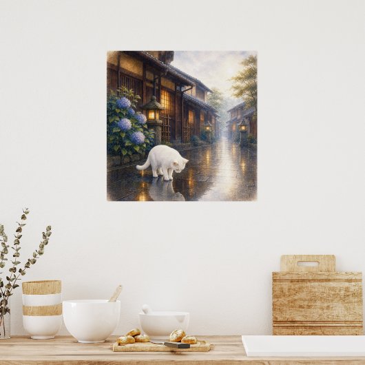 series_2_9|Square Puddle Reflection White Cat Art Poster (Keuken)