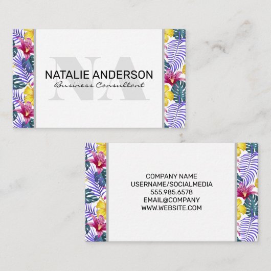 Serif monogram | Kleurrijke palmbomen bladeren Visitekaartje (Voorkant / Achterkant)