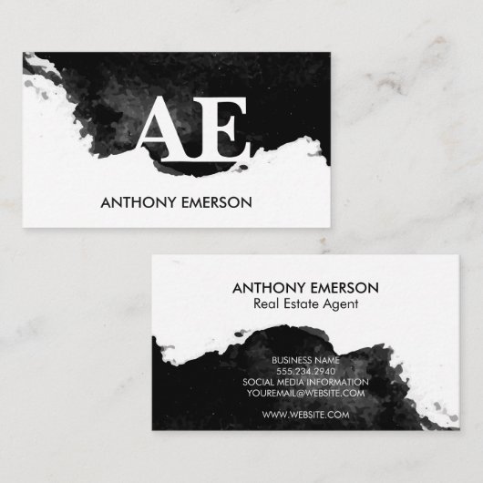 Serif monogram | Zwarte Waterverf textuur Visitekaartje (Voorkant / Achterkant)