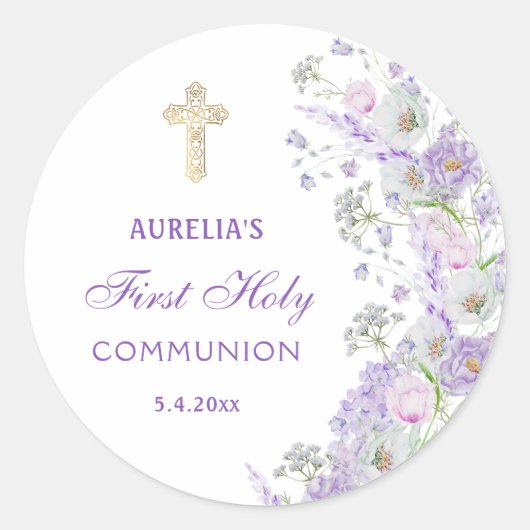 Sering Bloemen Eerste Communie Ronde Sticker (Voorkant)