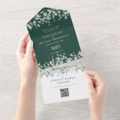 Sering Bloemig Smaragdgroen QR Code Huwelijk All In One Uitnodiging (Afscheurbaar)