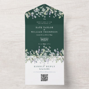Sering Bloemig Smaragdgroen QR Code Huwelijk All In One Uitnodiging
