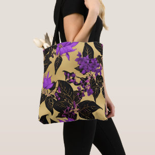 Sering bloemmotief met zwarte bladeren tote bag