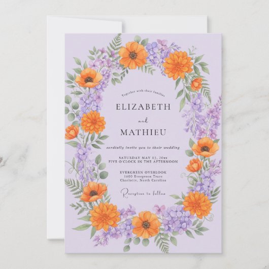 Sering Oranje Wilde Bloemen Bruiloft Kaart (Voorkant)