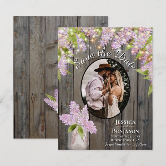 Seringen & Kleurrijke lichten op schuurhouten brui Save The Date (Voorkant / Achterkant)