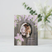 Seringen & lichten op paarse schuurhouten trouwdag save the date (Staand voorkant)