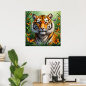 Serious Tiger met Vlinders in Oerwoud Poster (Thuiskantoor)