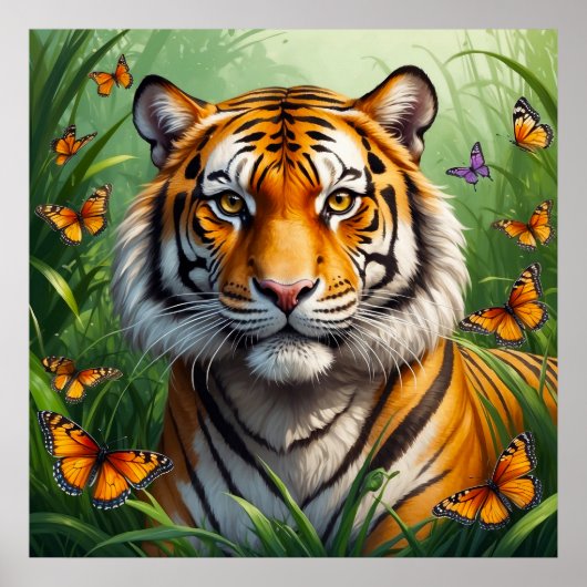 Serious Tiger met Vlinders in Oerwoud Poster (Voorkant)
