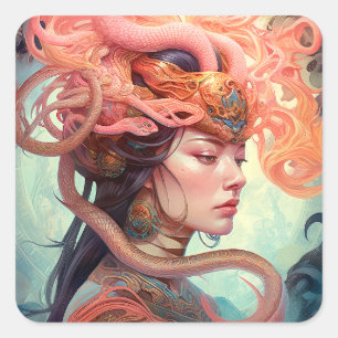 Serpent Hair Lady Fantasy Art Vierkante Sticker
