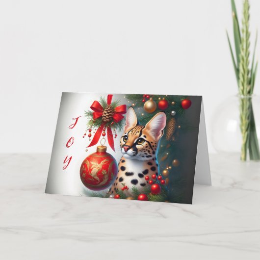 Serval Cat Naast Rode Ornament Kerst Kaart (Voorkant)
