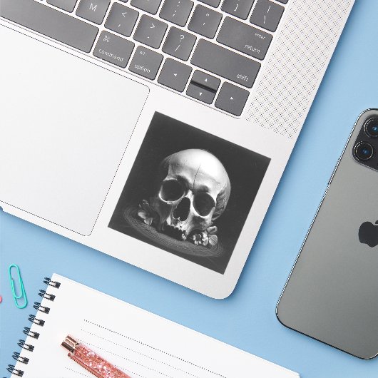 💀Served Cold — Baroque Fine Art Sticker (Laptop met iPhone)
