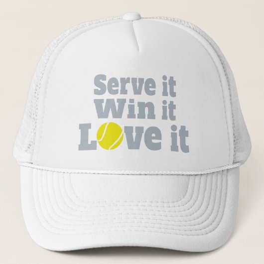 Serveer het, win het, hou ervan tennisbal grafisch trucker pet (Voorkant)